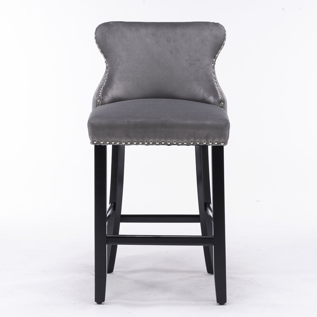 2pcs Chrome Accent Wingback Bar Stools Tufted Velvet with Nailhead and Black Legs- Black, Black_2