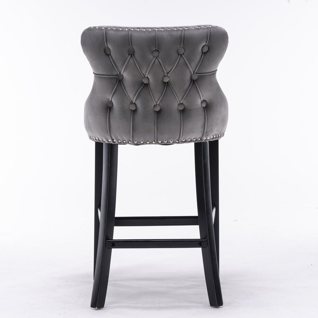 2pcs Chrome Accent Wingback Bar Stools Tufted Velvet with Nailhead and Black Legs- Black, Black_6