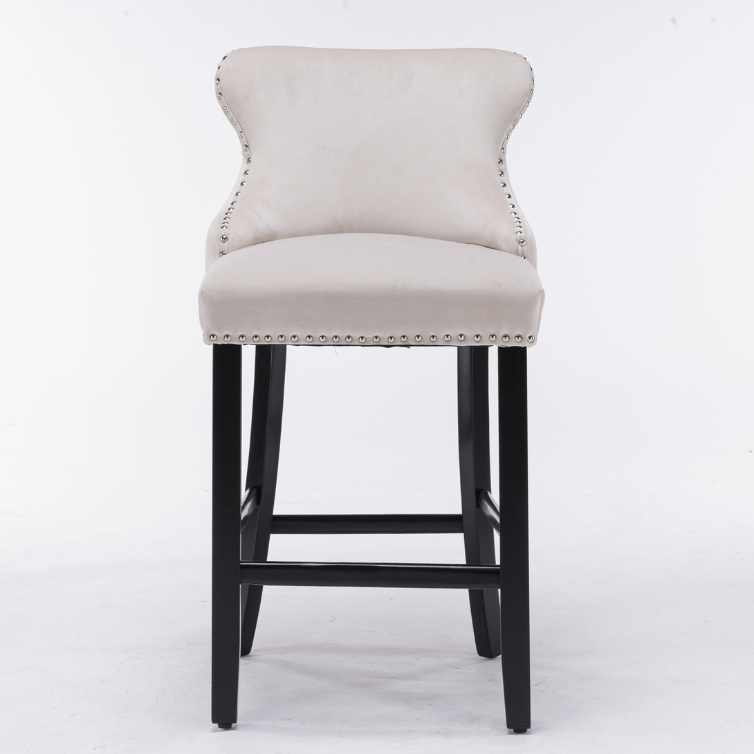 2pcs Chrome Accent Wingback Bar Stools Tufted Velvet with Nailhead and Black Legs- Beige, Black_3