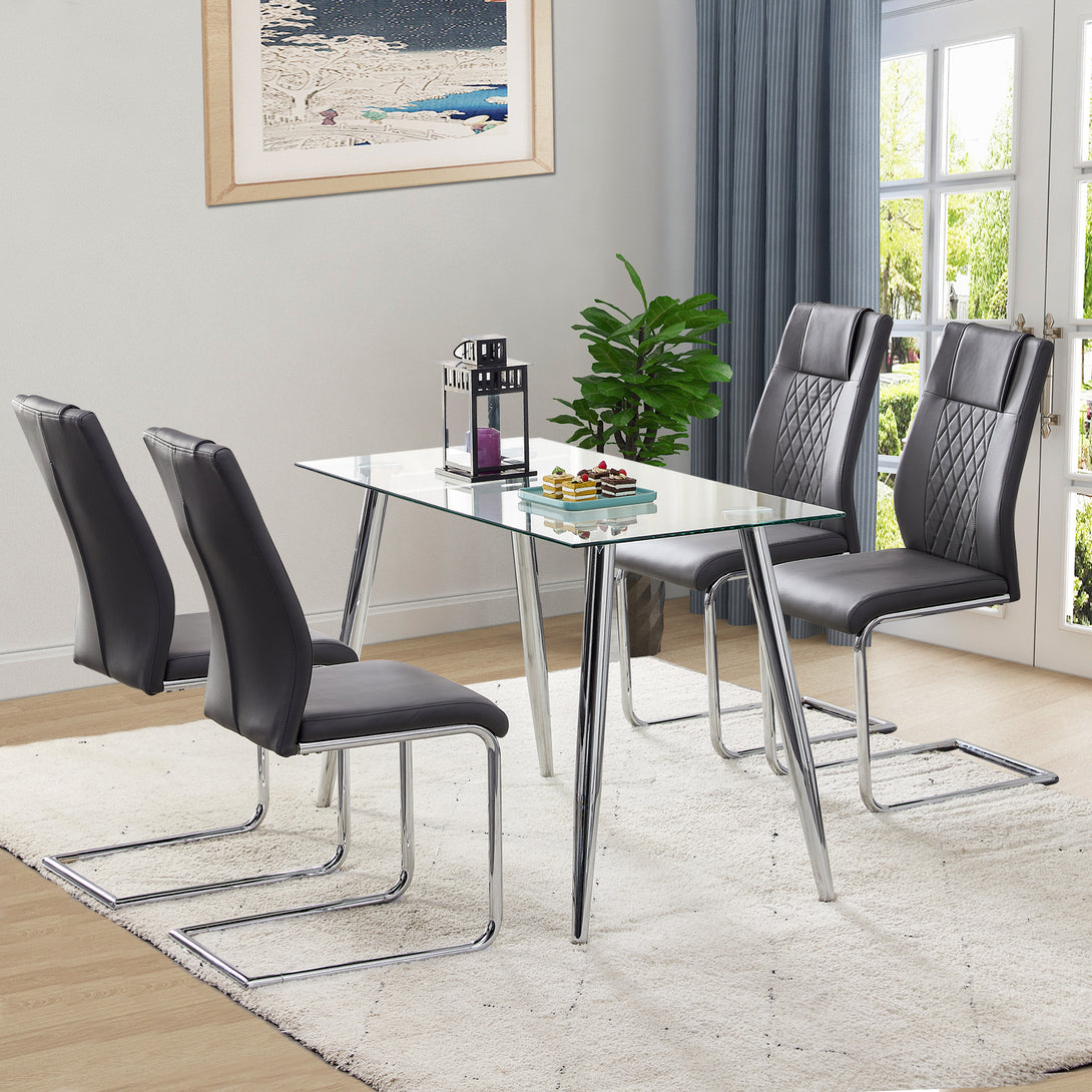 8 Pcs Faux Leather Upholstered Grid High Back Dining Chairs with Metal Base- Black, Silver_4