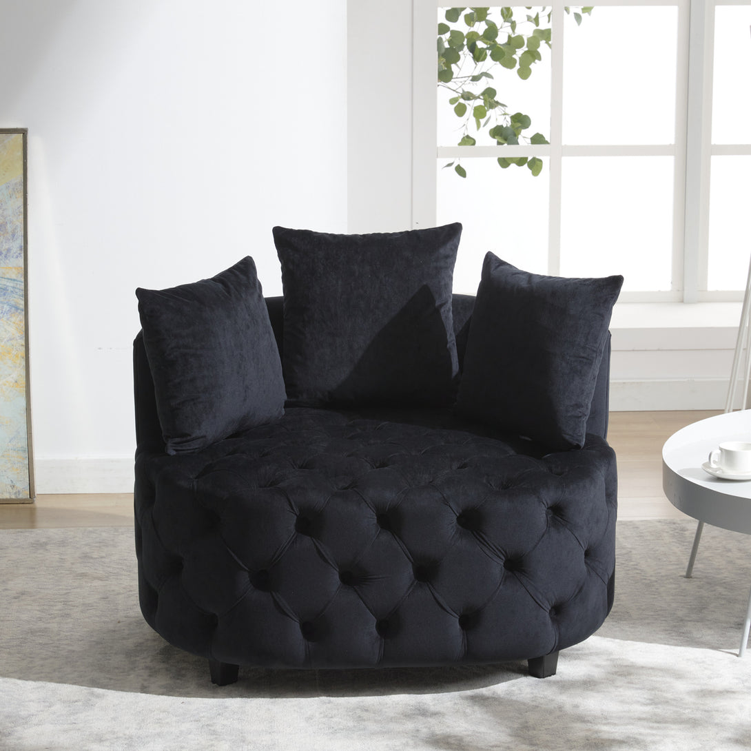 Tufted Upholstered Classical Living Room Barrel Accent Chair with Pillows- Black_0