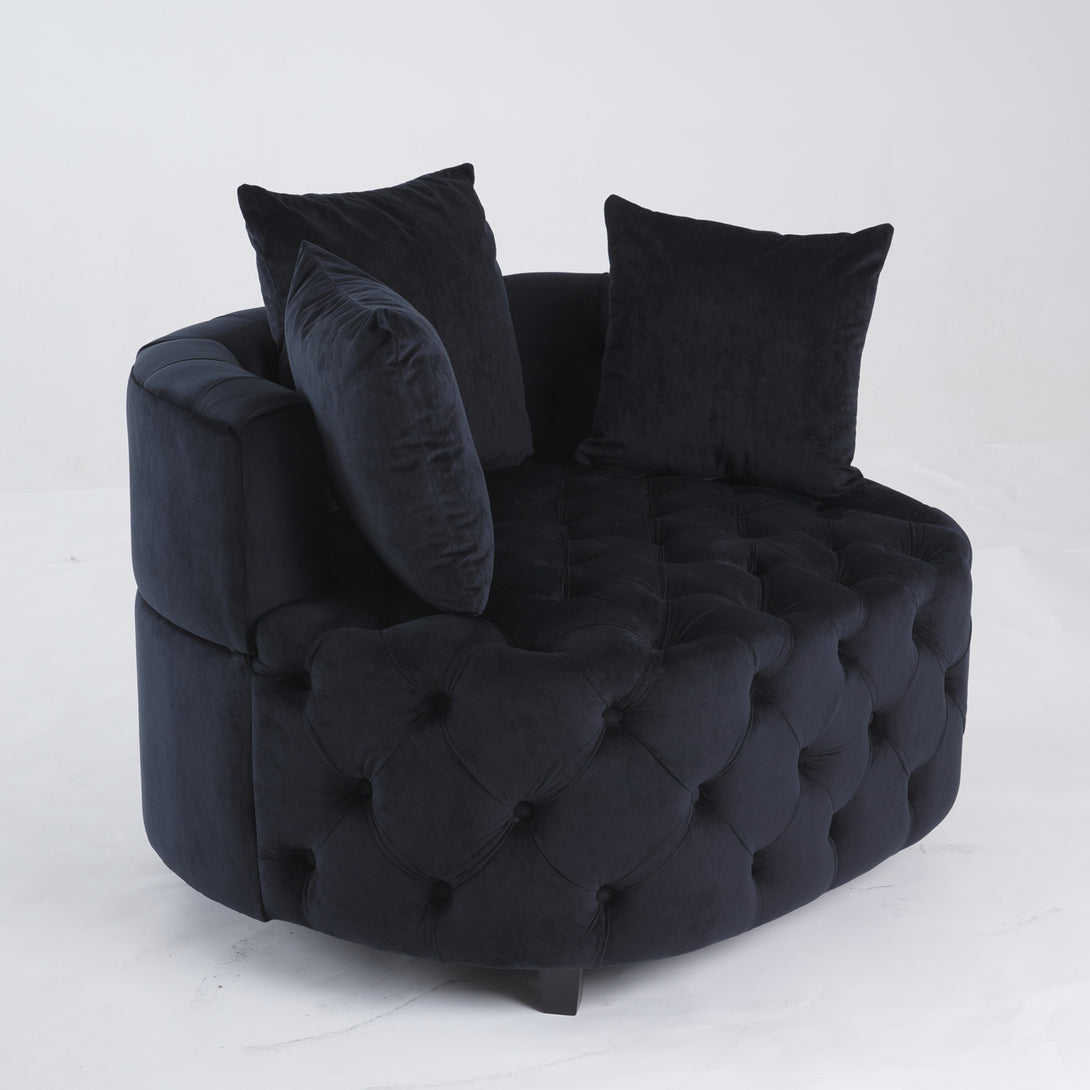 Tufted Upholstered Classical Living Room Barrel Accent Chair with Pillows- Black_2