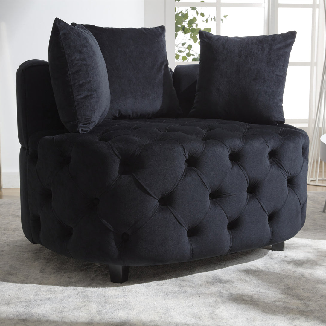 Tufted Upholstered Classical Living Room Barrel Accent Chair with Pillows- Black_16