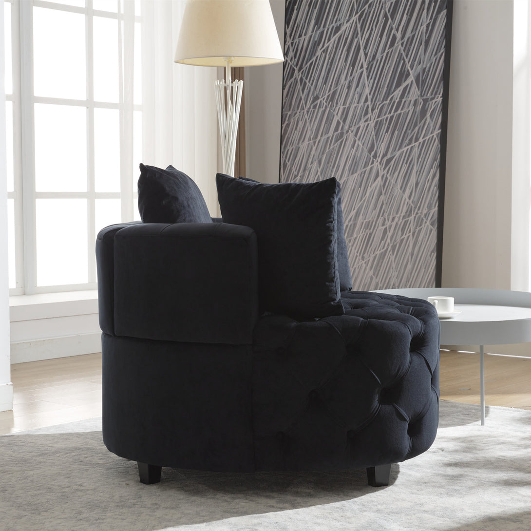 Tufted Upholstered Classical Living Room Barrel Accent Chair with Pillows- Black_13