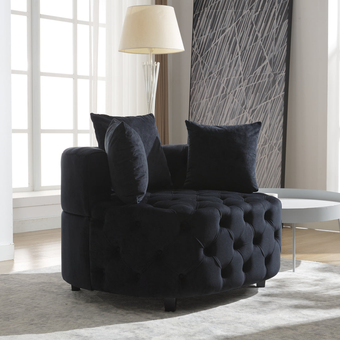 Tufted Upholstered Classical Living Room Barrel Accent Chair with Pillows- Black_12