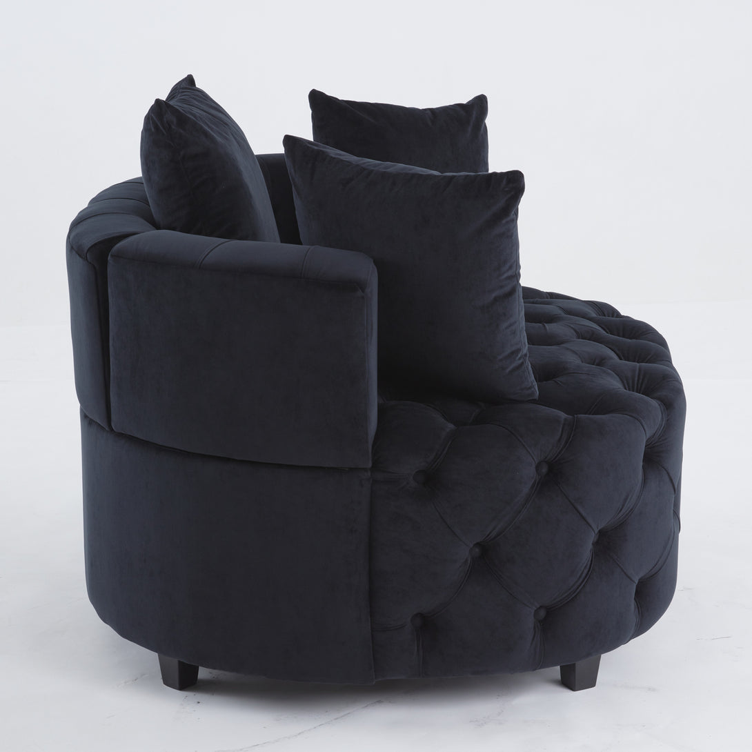 Tufted Upholstered Classical Living Room Barrel Accent Chair with Pillows- Black_4