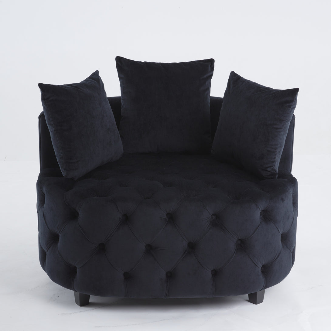 Tufted Upholstered Classical Living Room Barrel Accent Chair with Pillows- Black_1