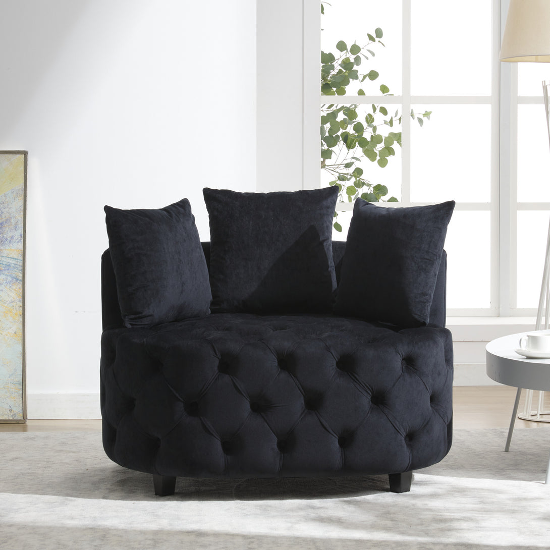 Tufted Upholstered Classical Living Room Barrel Accent Chair with Pillows- Black_11