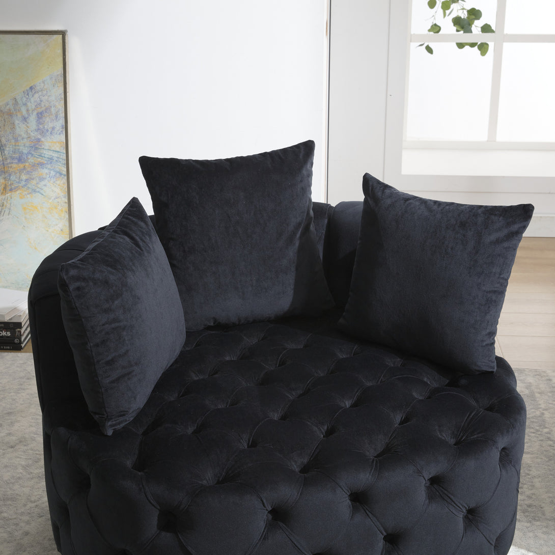 Tufted Upholstered Classical Living Room Barrel Accent Chair with Pillows- Black_14