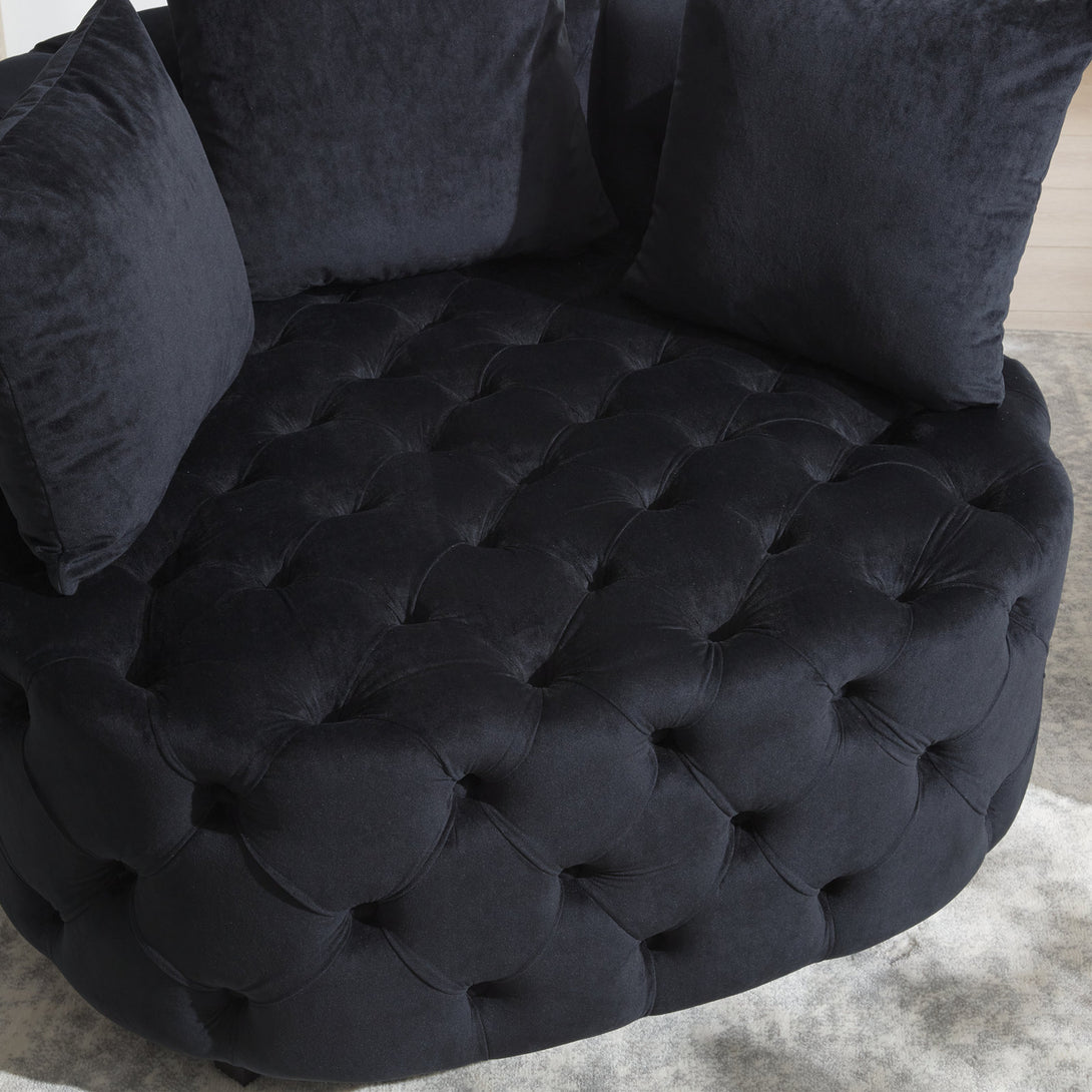 Tufted Upholstered Classical Living Room Barrel Accent Chair with Pillows- Black_15