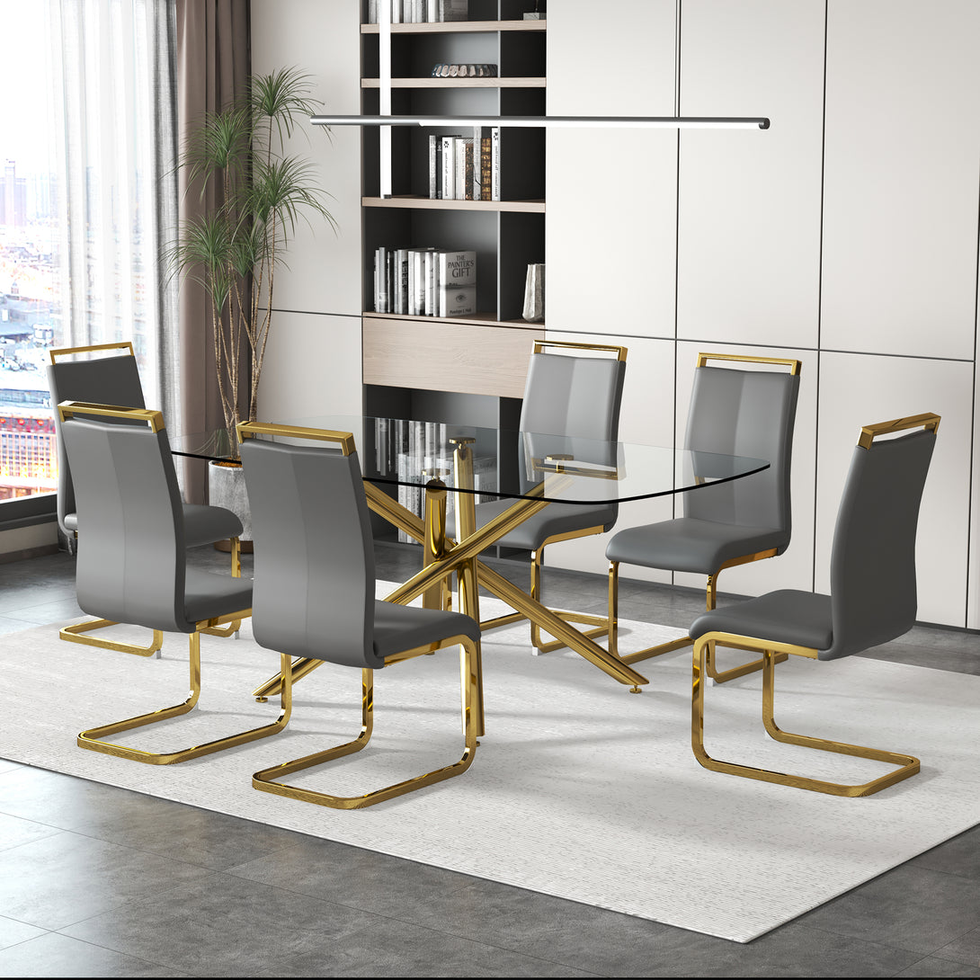 6-8 Seater Modern Rectangular Tempered Glass Table Top with Chrome Plated Single Legs_7