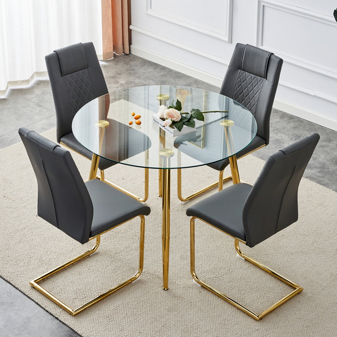 40 inches Glass Tabletop Circular Dining Table Set with Gold Legs+4 Gray PU Dining Chairs_1