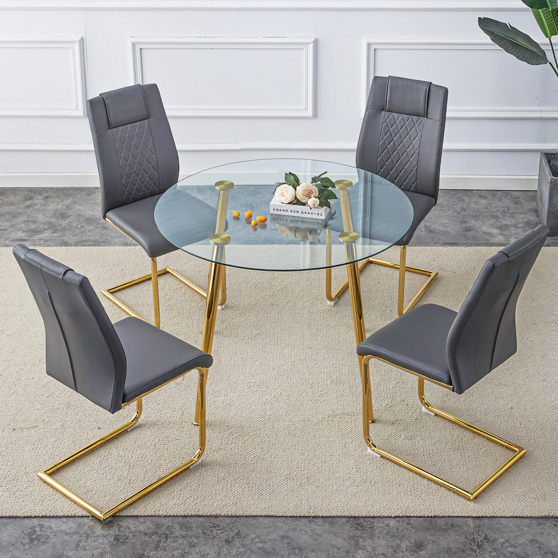 40 inches Glass Tabletop Circular Dining Table Set with Gold Legs+4 Gray PU Dining Chairs_0