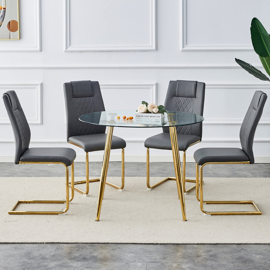 40 inches Glass Tabletop Circular Dining Table Set with Gold Legs+4 Gray PU Dining Chairs_2