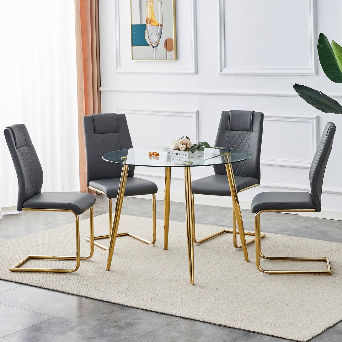 40 inches Glass Tabletop Circular Dining Table Set with Gold Legs+4 Gray PU Dining Chairs_3