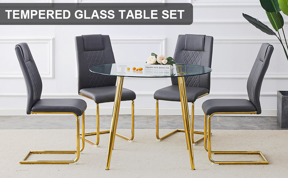 40 inches Glass Tabletop Circular Dining Table Set with Gold Legs+4 Gray PU Dining Chairs_9