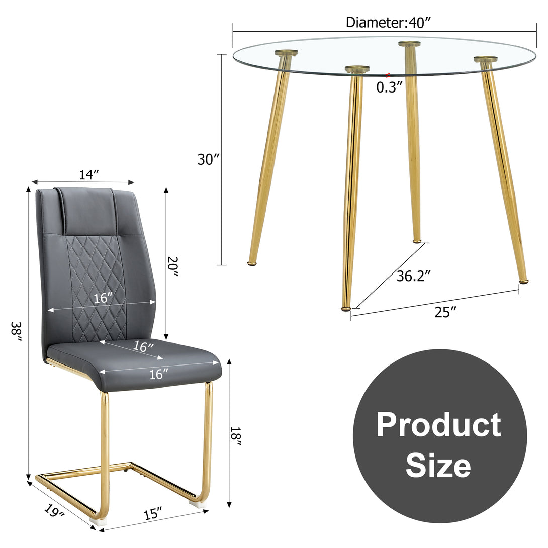 40 inches Glass Tabletop Circular Dining Table Set with Gold Legs+4 Gray PU Dining Chairs_4