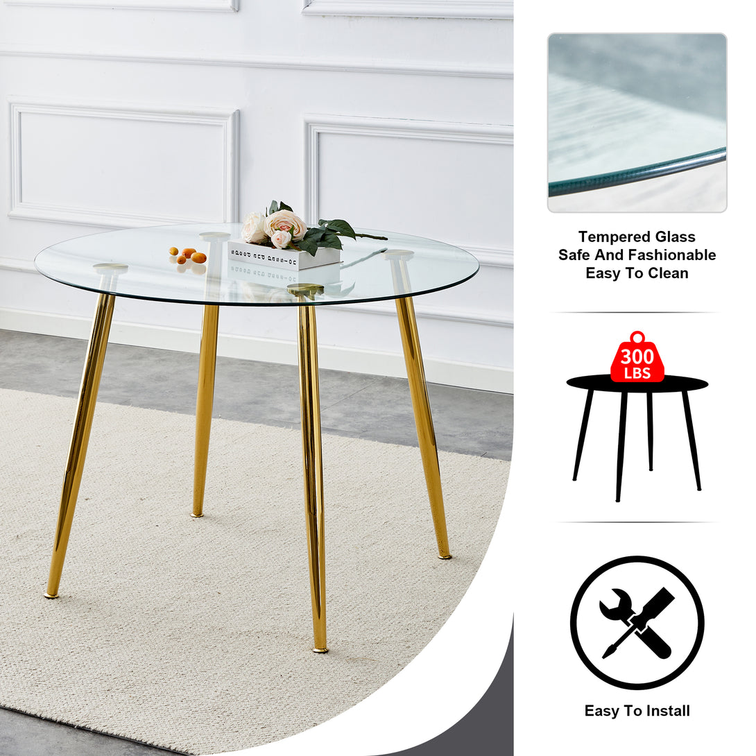 40 inches Glass Tabletop Circular Dining Table Set with Gold Legs+4 Gray PU Dining Chairs_14