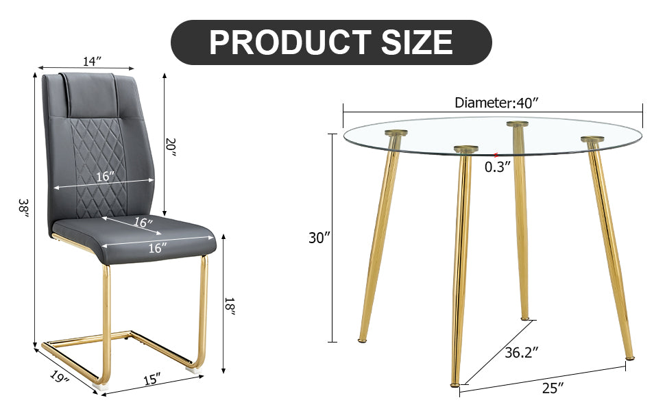 40 inches Glass Tabletop Circular Dining Table Set with Gold Legs+4 Gray PU Dining Chairs_15