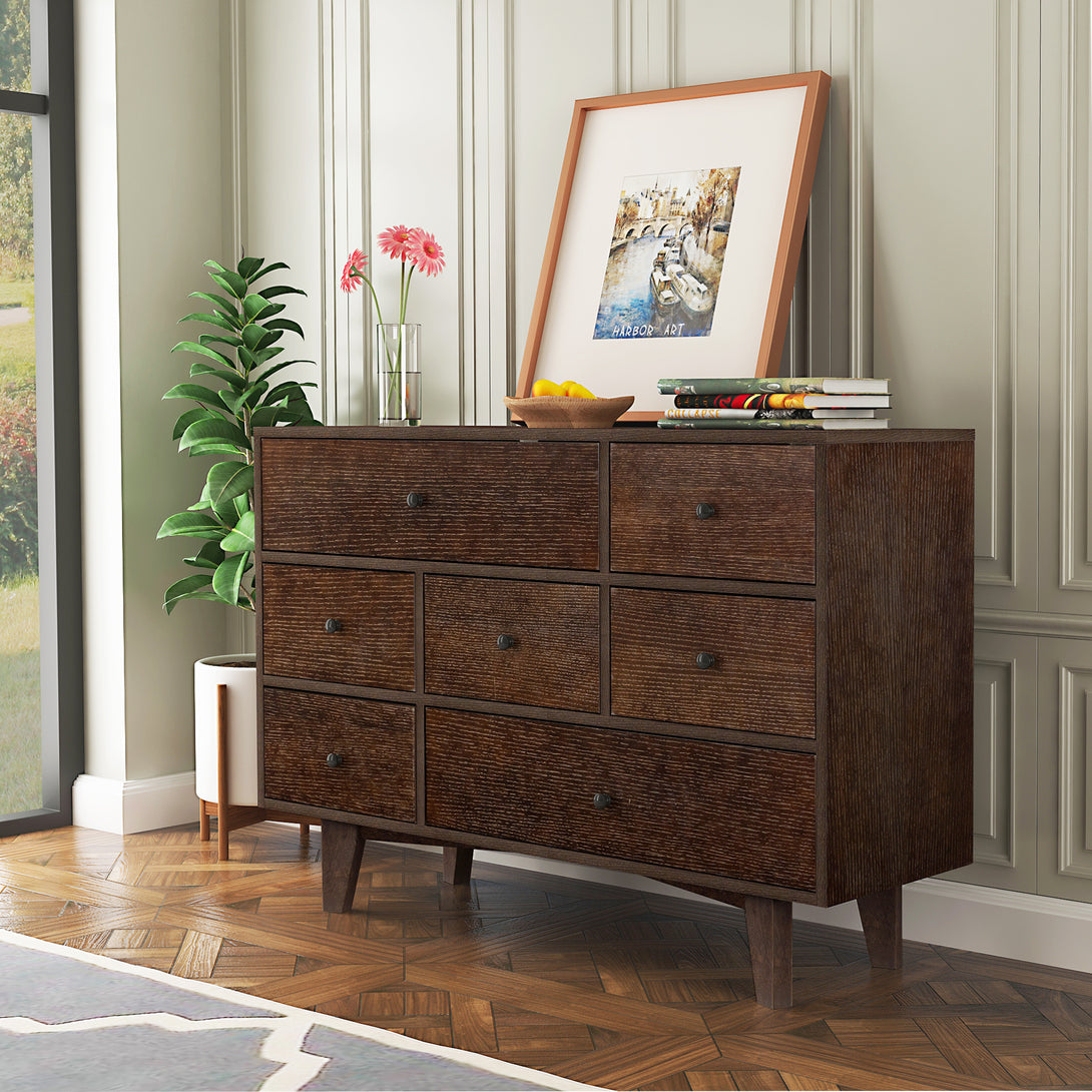 7 Drawers Solid Wood Free Standing Storage Cabinet Dresser Console- Auburn_4