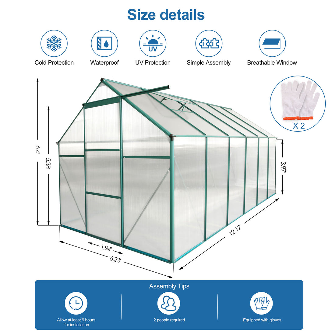 6x12 FT Walk-in Greenhouse Garden for Backyard Planting with Raised Roof- Green_9