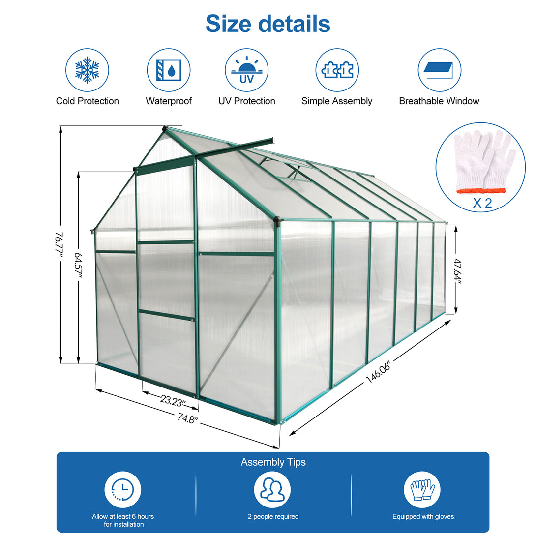 6x12 FT Walk-in Greenhouse Garden for Backyard Planting with Raised Roof- Green_8