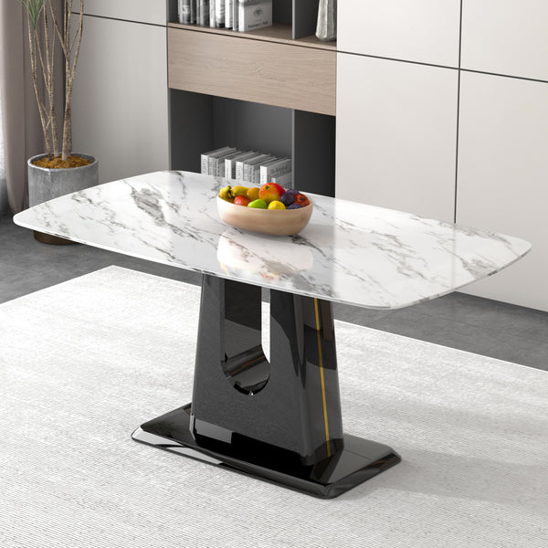 Luxurious Modern Dining Tempered Glass White Marble Tabletop with Black Legs and Gold Accent_0