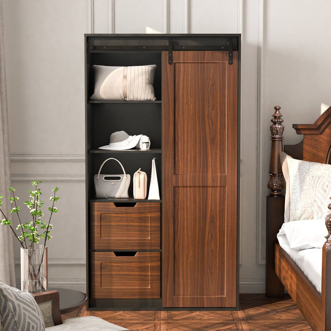 Freestanding Contemporary Wooden Closet Cabinet with Hanging Rod- Black+Brown_0