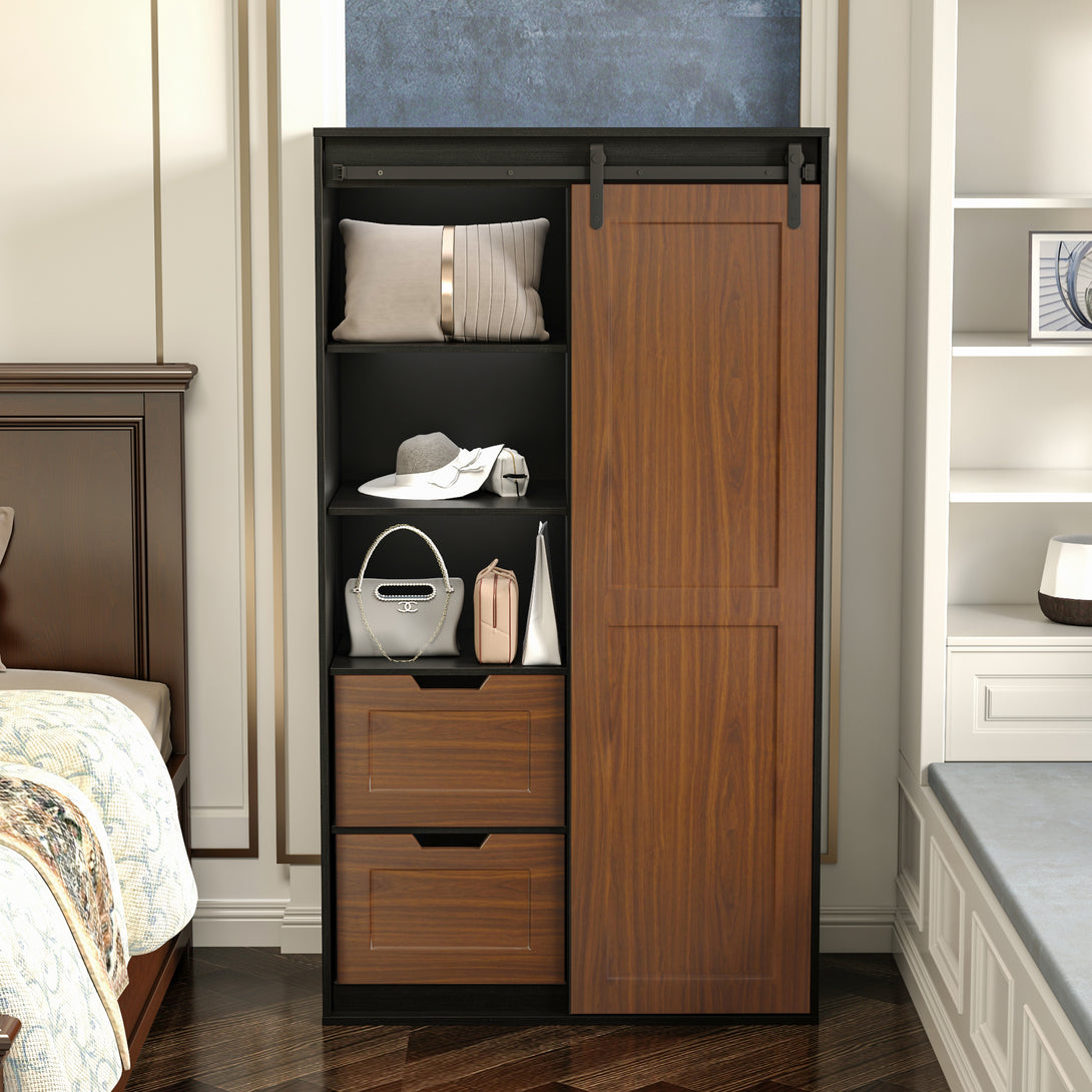 Freestanding Contemporary Wooden Closet Cabinet with Hanging Rod- Black+Brown_3