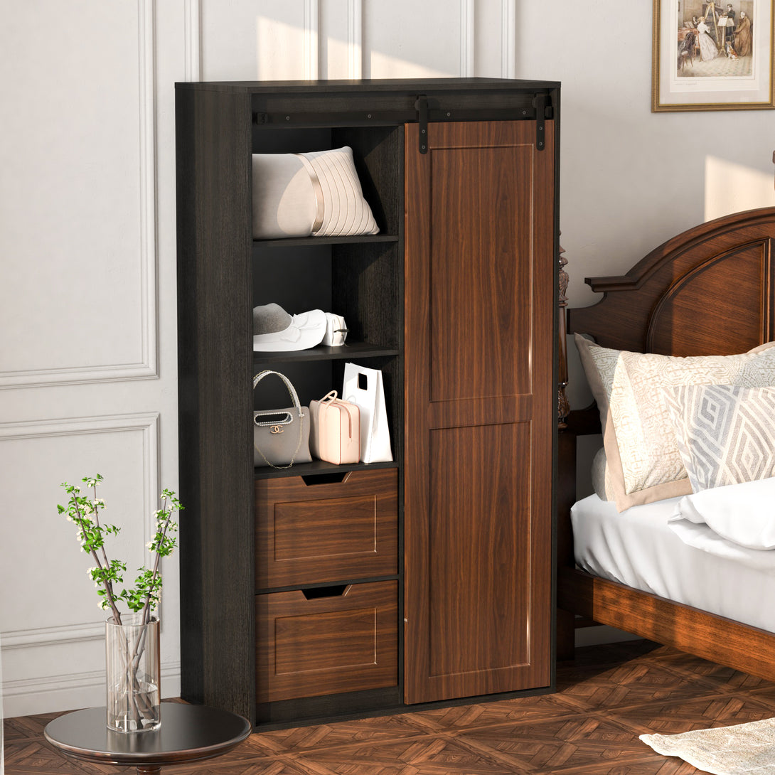 Freestanding Contemporary Wooden Closet Cabinet with Hanging Rod- Black+Brown_1