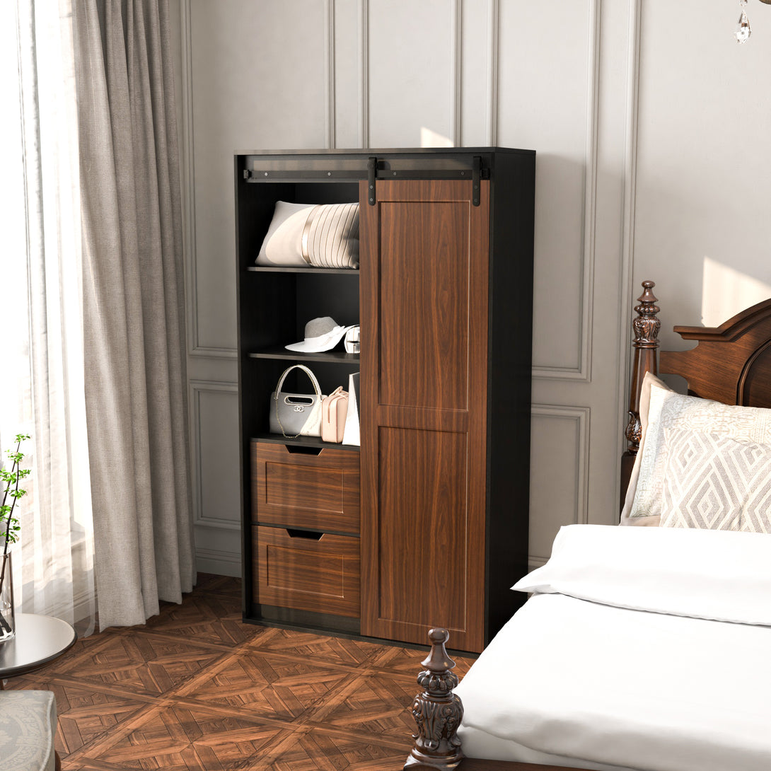 Freestanding Contemporary Wooden Closet Cabinet with Hanging Rod- Black+Brown_2