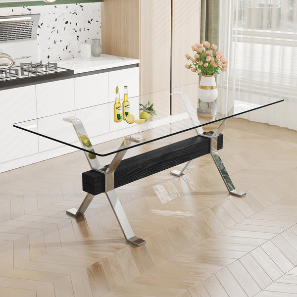 Modern Luxury Tempered Chrome Plated Glass Table with Black Support Crossbar_0