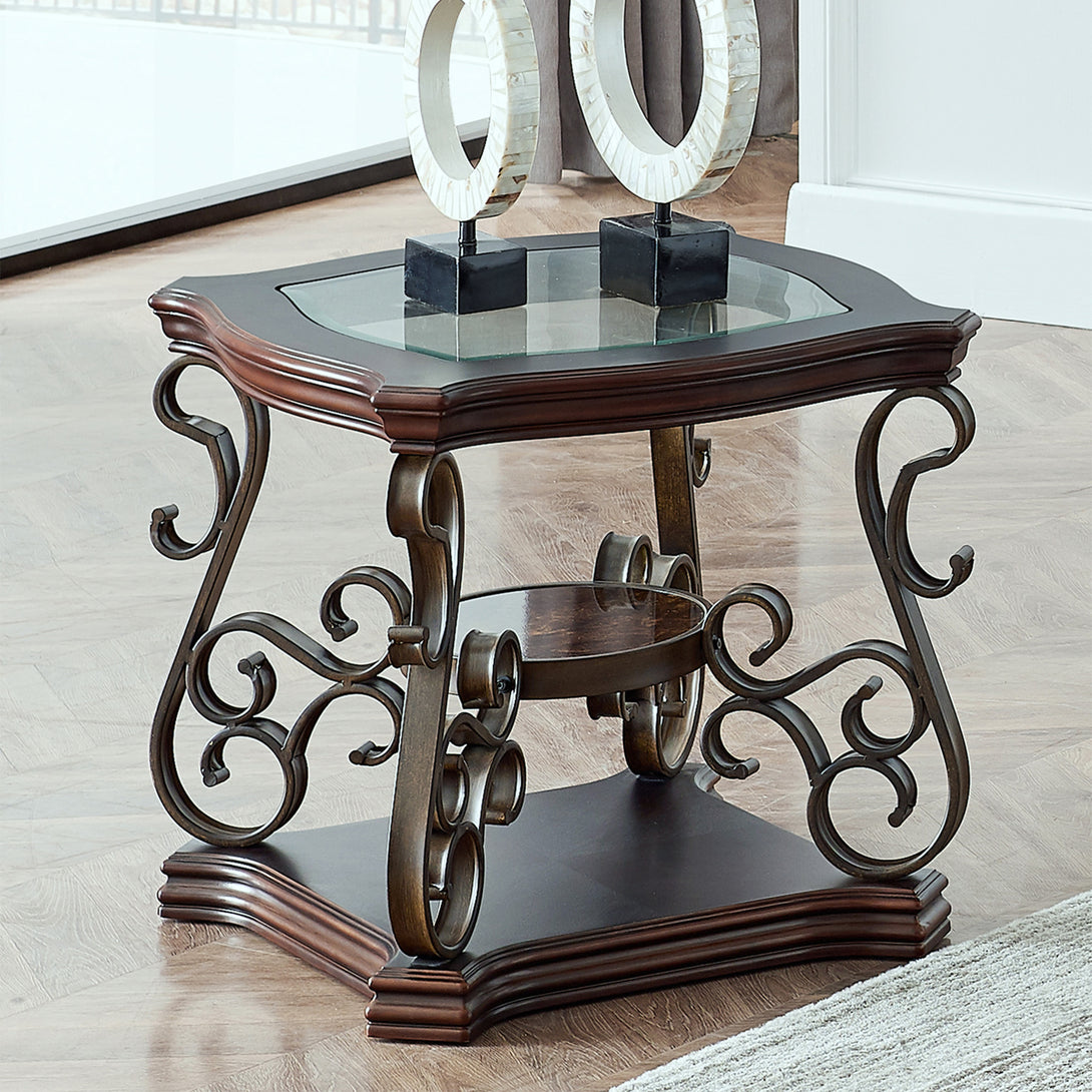 End Table Glass Table Top Coffee Table with Powder Finish Metal Legs- Brown_3