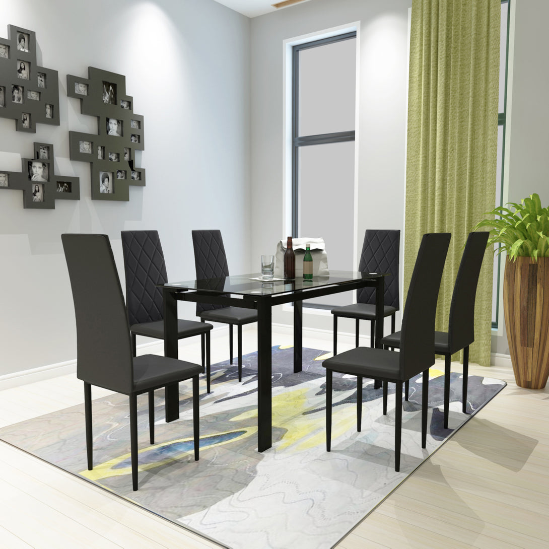 Set of 7 6 Seater Tempered Glass Dining Table and Faux Leather Chair Set- Black_1