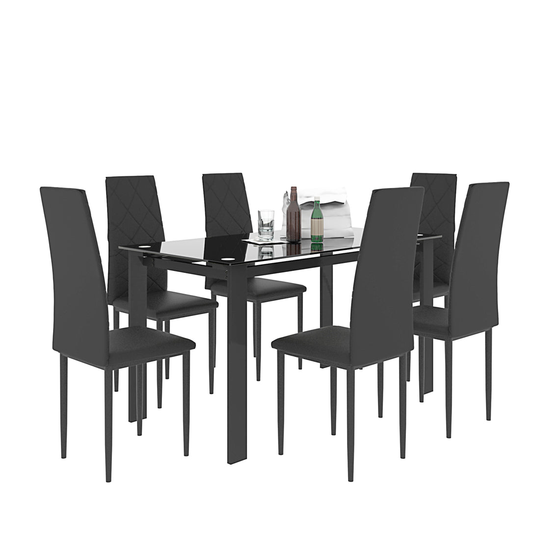 Set of 7 6 Seater Tempered Glass Dining Table and Faux Leather Chair Set- Black_2