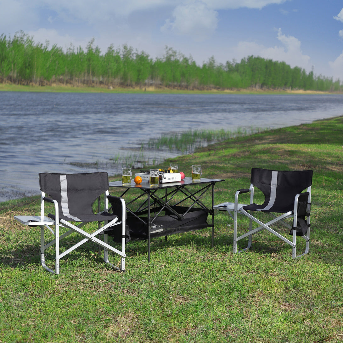 Set of 3 Outdoor Roll up Table and Folding Chair Set Portable Camping Set- Black, Gray_2