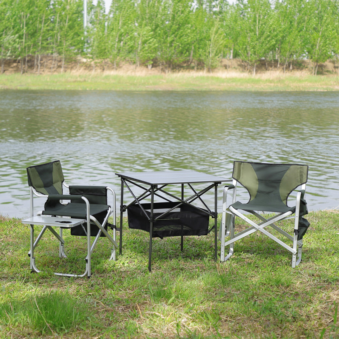 Set of 3 Outdoor Roll up Table and Folding Chair Set Portable Camping Set- Black+Green_2