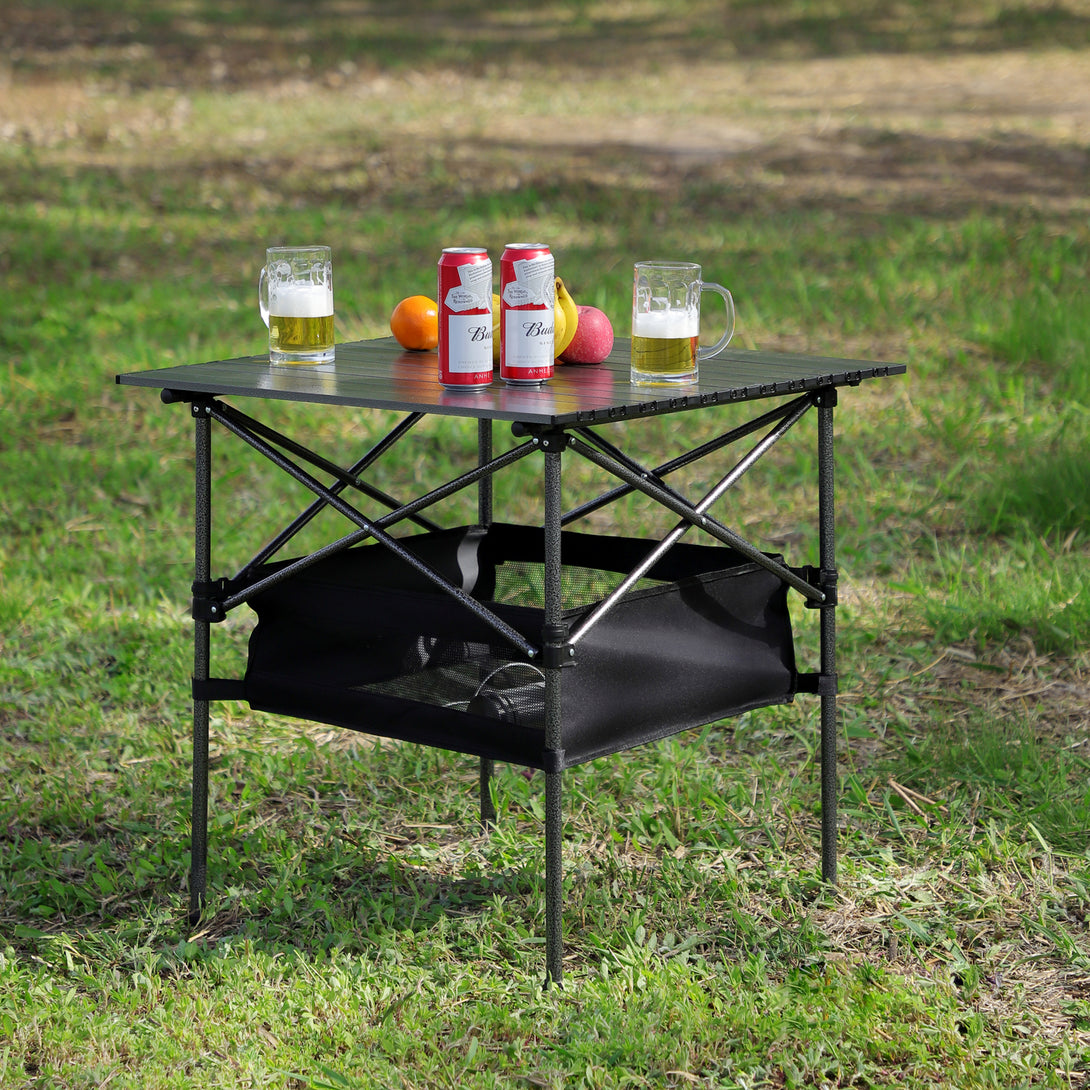 Set of 3 Outdoor Roll up Table and Folding Chair Set Portable Camping Set- Black+Green_9