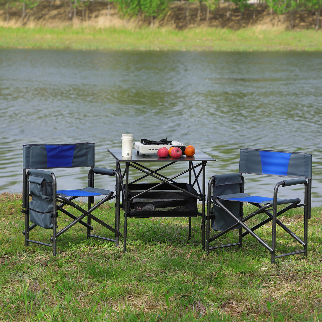 Set of 3 Outdoor Roll up Table and Folding Chair Set Portable Camping Set- Black+Blue_2