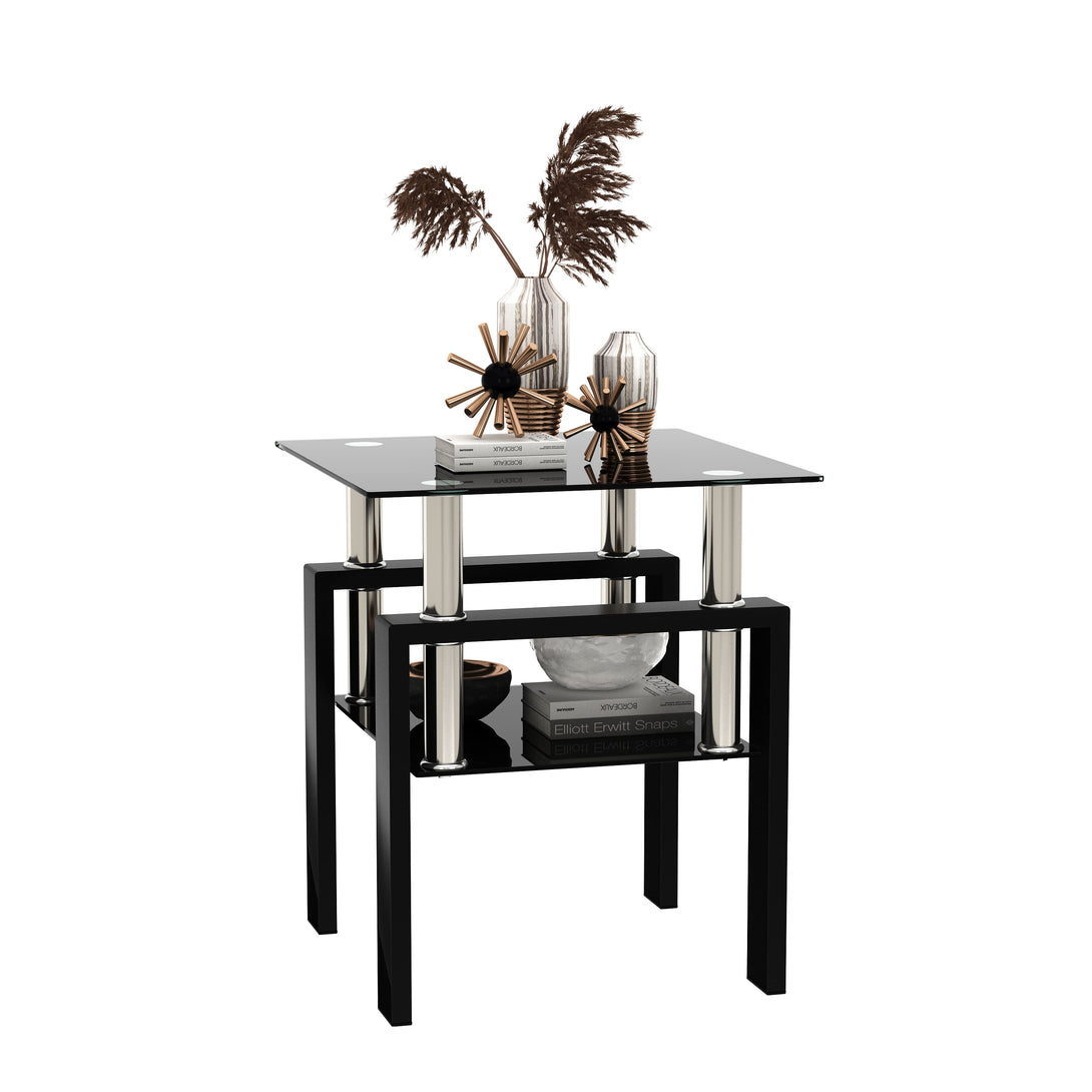 Modern Tempered Glass Coffee and Tea Table Square End Table in Black_0