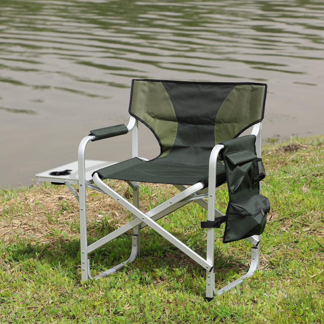 Padded Folding Indoor and Outdoor Chair with Side Table and Storage Pockets- Green_1