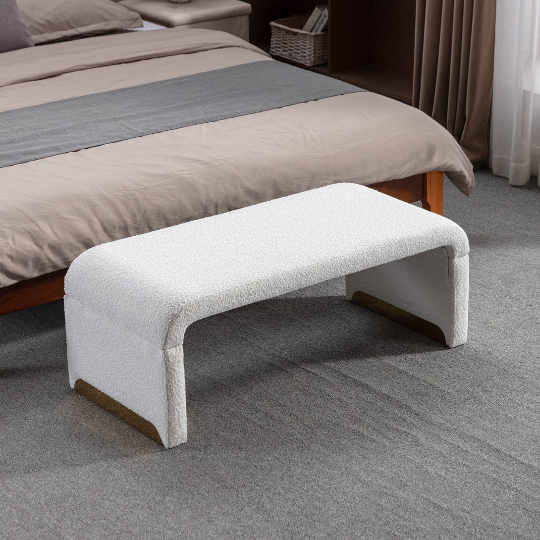 Boucle Fabric Loveseat Ottoman Bedroom Footstool With Gold Metal Legs- Ivory White_1