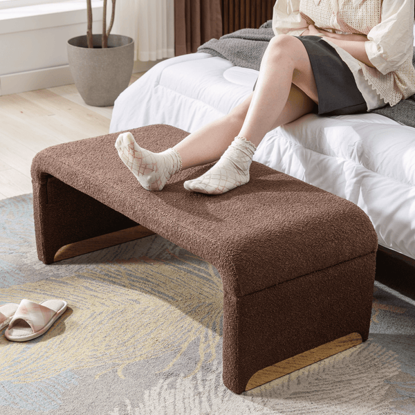 Boucle Fabric Loveseat Ottoman Bedroom Footstool With Gold Metal Legs- Brown_0