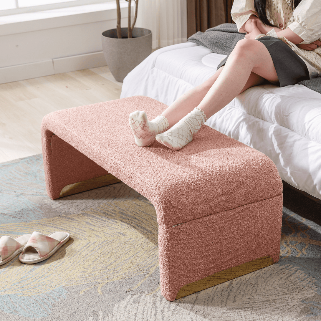 Boucle Fabric Loveseat Ottoman Bedroom Footstool With Gold Metal Legs- Pink_0