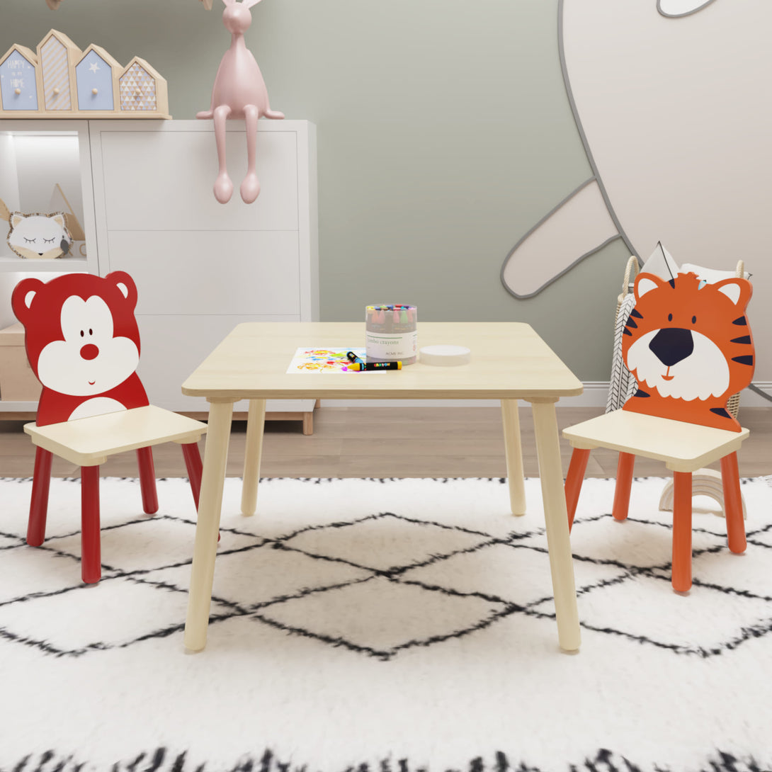 Animal Designed Kid’s Wooden Table with 2 Chair Set Activity Play Table Set (Bear, Tiger)_0