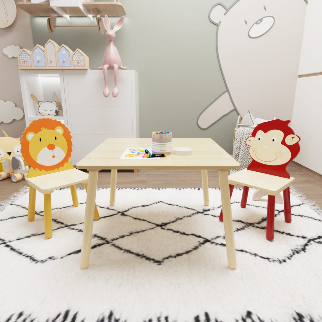 Animal Designed Kid’s Wooden Table with 2 Chair Set Activity Play Table Set (Lion, Monkey)_1