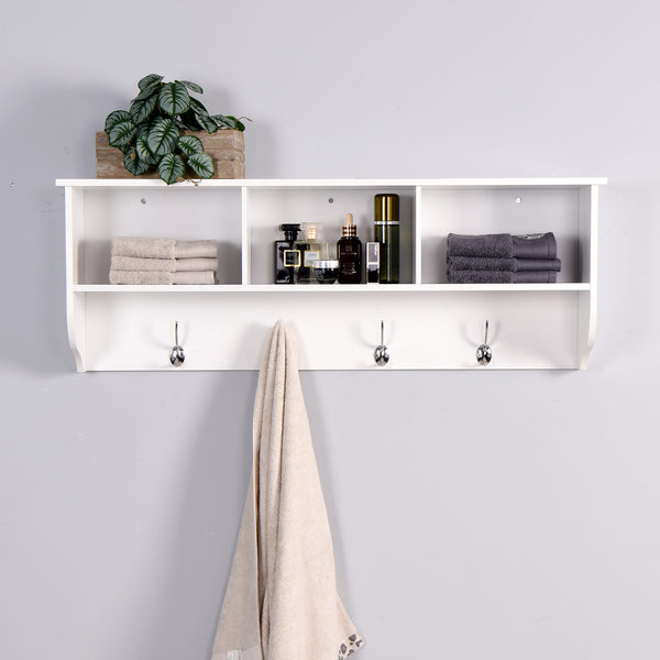 Entryway Wall Mounted Coat Rack with 4 Dual Hooks Wooden Shelf- White_0