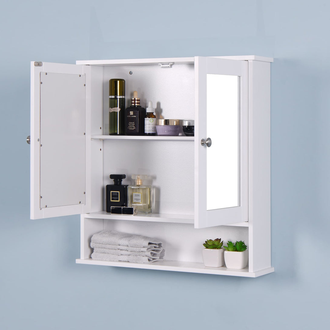 Wall Mounted Bathroom Cabinet with 2 Mirror Doors and Adjustable Shelf- White_0