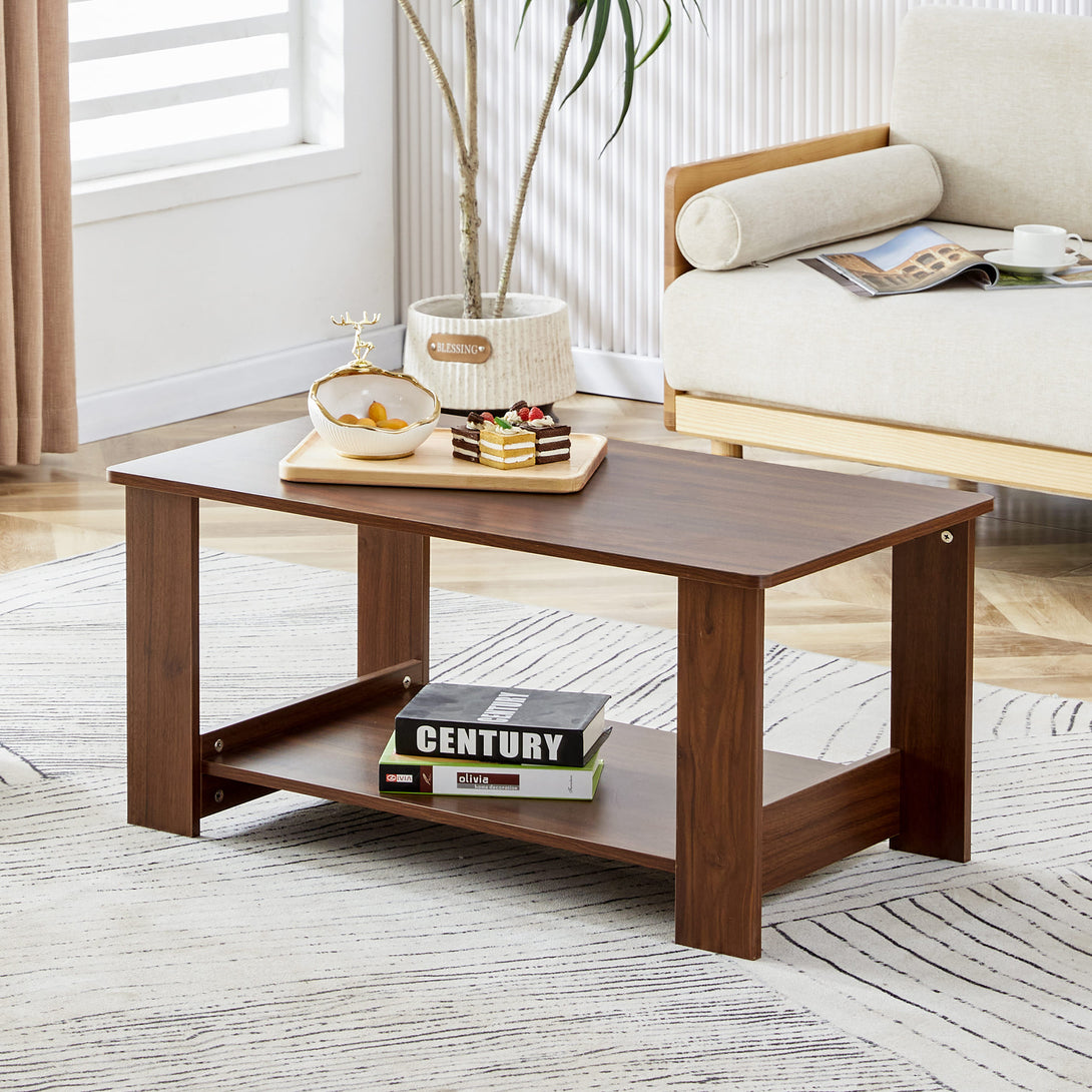 Modern Minimalist Double Layered Rectangular Wooden Coffee Table- Walnut_18