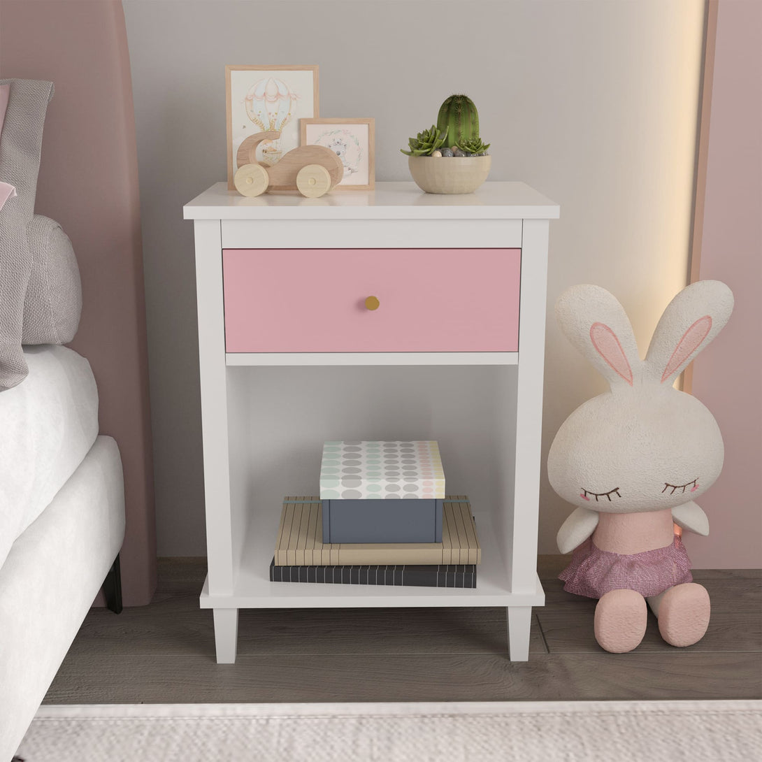 Wooden Nightstand with One Drawer and Open Shelf for Bedroom- White+Pink_0